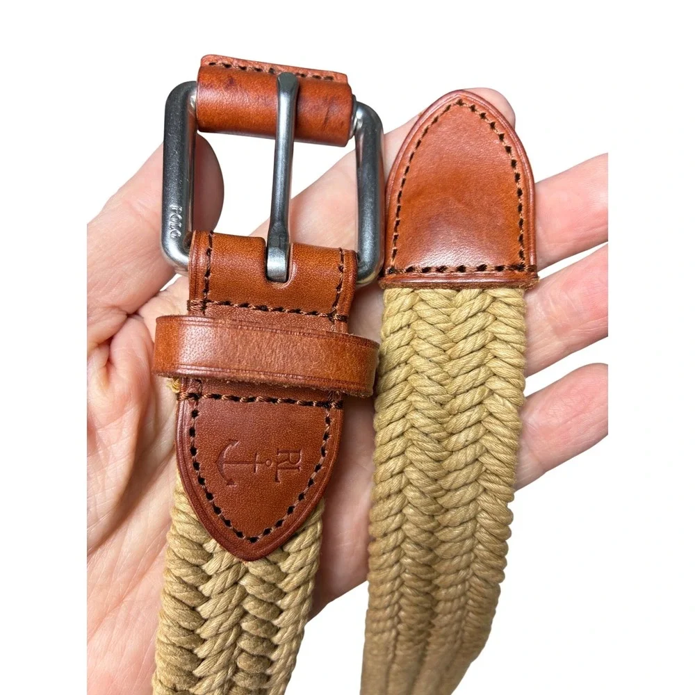 Polo Ralph Lauren Braided Rope Leather Trim Belt Tan Brown Size 36